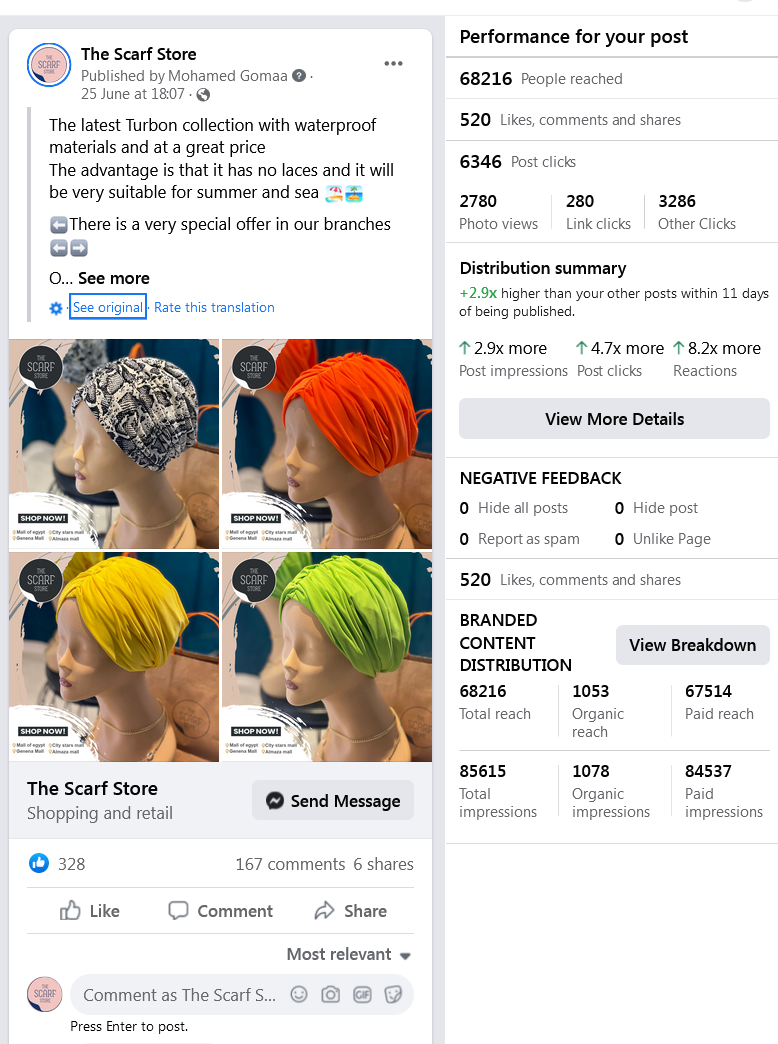 Scarf and accessories brand post achieving viral-level shares within a tight niche audience